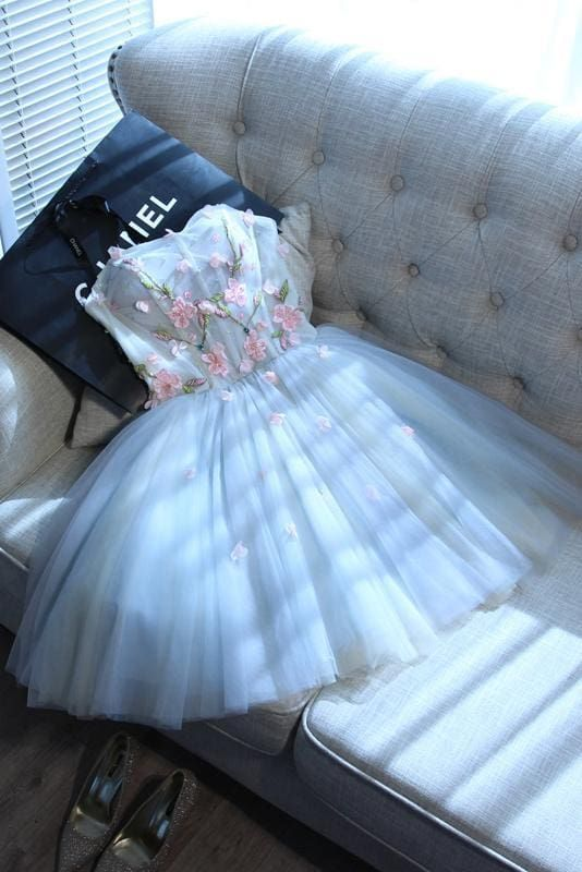 Elegant Blue Strapless Tulle Floral A Line Short Homecoming Dress Birthday Outfits D4001