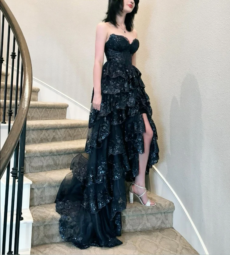 Navy Blue A-Line Strapless Multi-Layers Sequins Long Prom Dress Slit Evening Dress