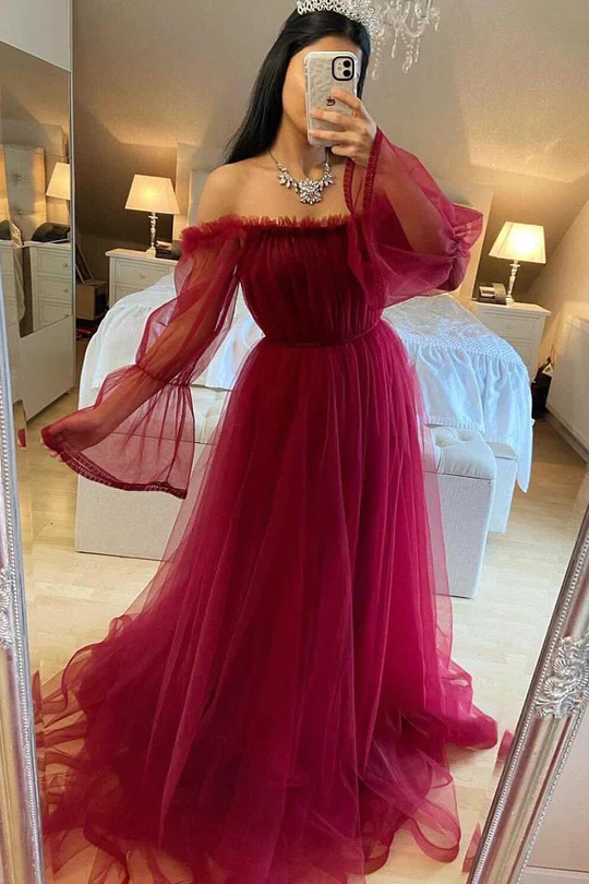 Burgundy Tulle Evening Dress With Long Sleeves Y503 - VelvetHem