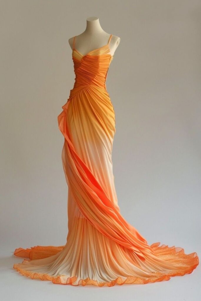 Unique Spaghetti Straps Ombre Orange Chiffon Prom Dress,Long Mermaid Party Evening Dress