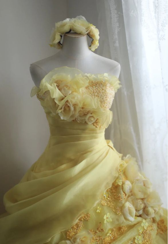 Yellow Pleated Layered Puff Sweet 15 Ball Gown Pleated Wedding Dress fg8297