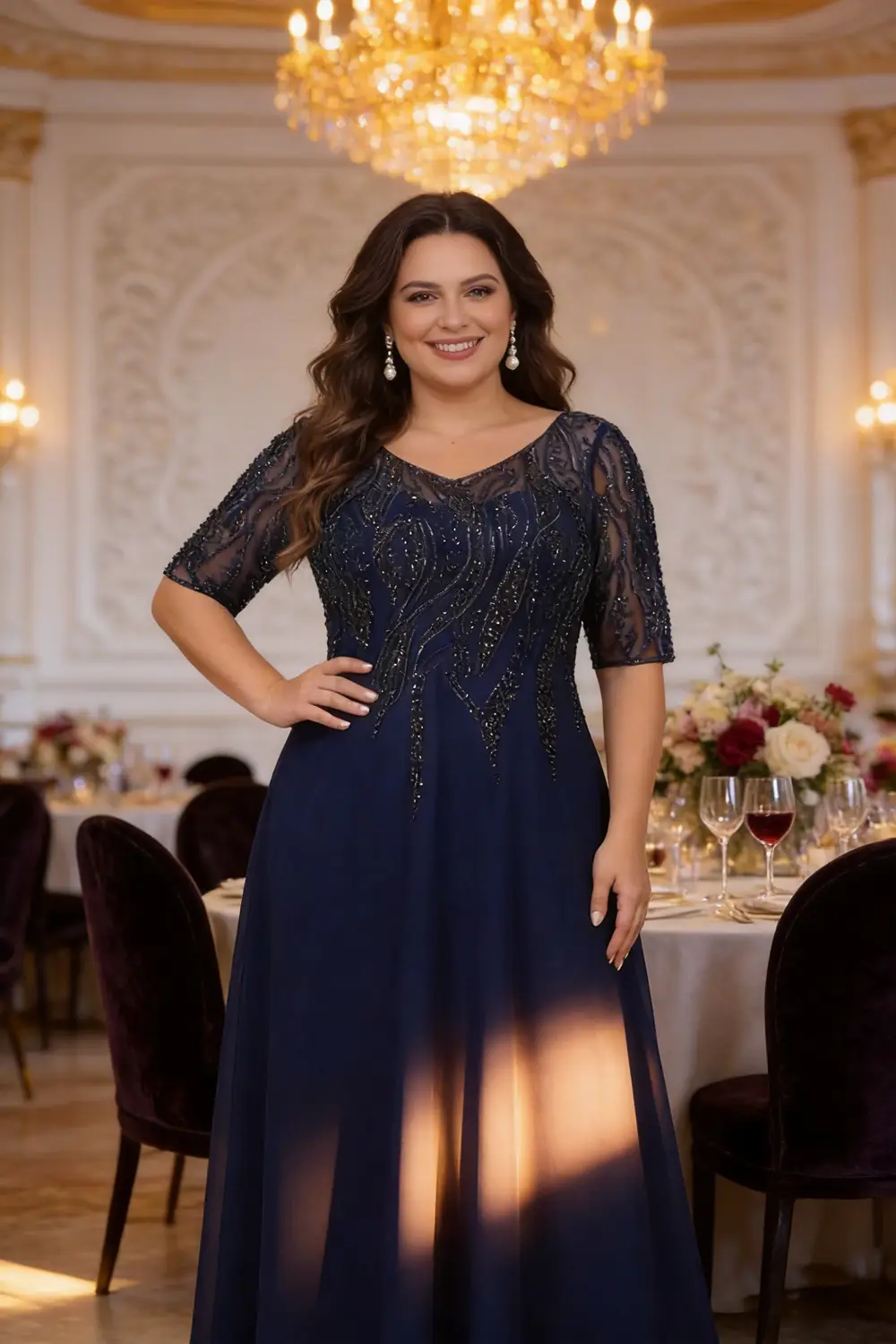 Plus Size Navy Blue Beaded Chiffon Formal Gown For Mother Of The Bride (ZD17143)