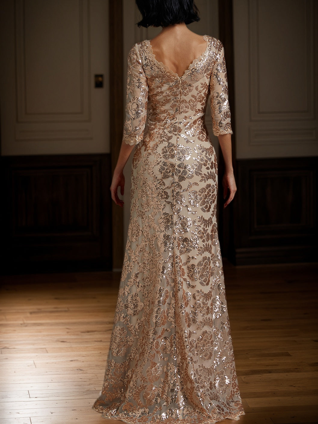 Rose Gold Sequin Crew Neck Three Quarter Sleeve Mermaid Gown Dress