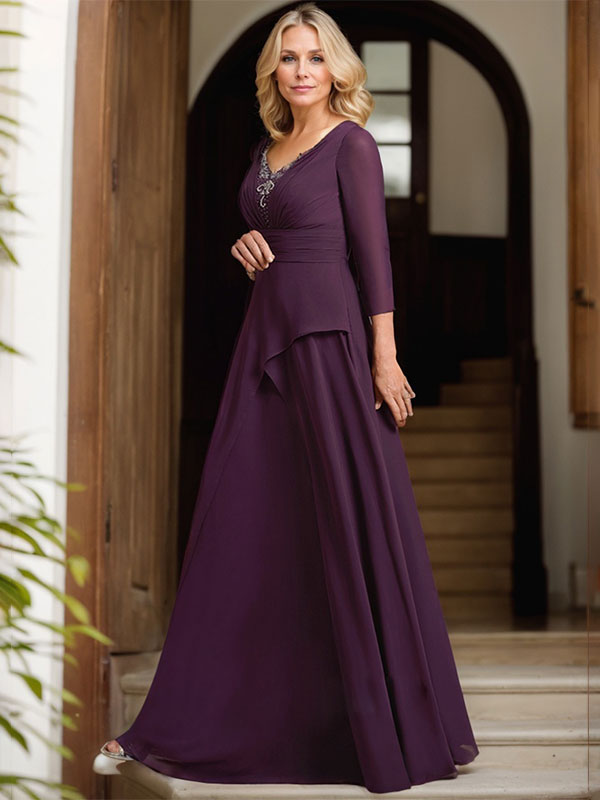 A-line V-Neck Floor-Length Chiffon Mother of the Bride Dress With Pleated Beading - View 4 | FashionDia