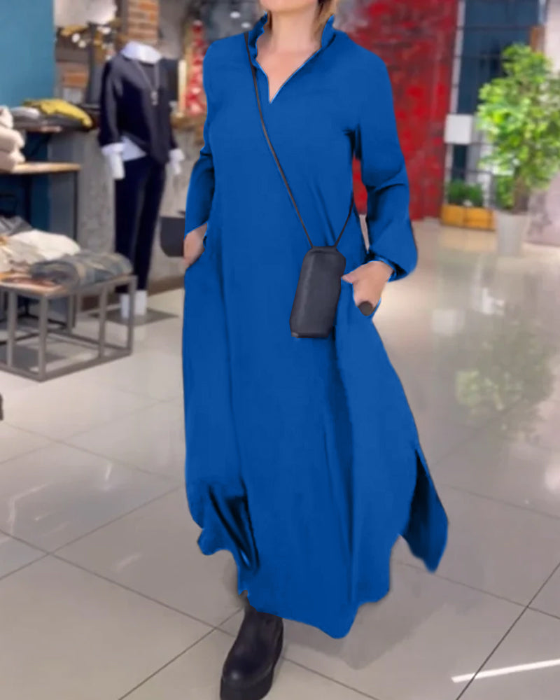 Rebeca Statement Loose Long Dress with Lapels and Side Slit Designer Edit