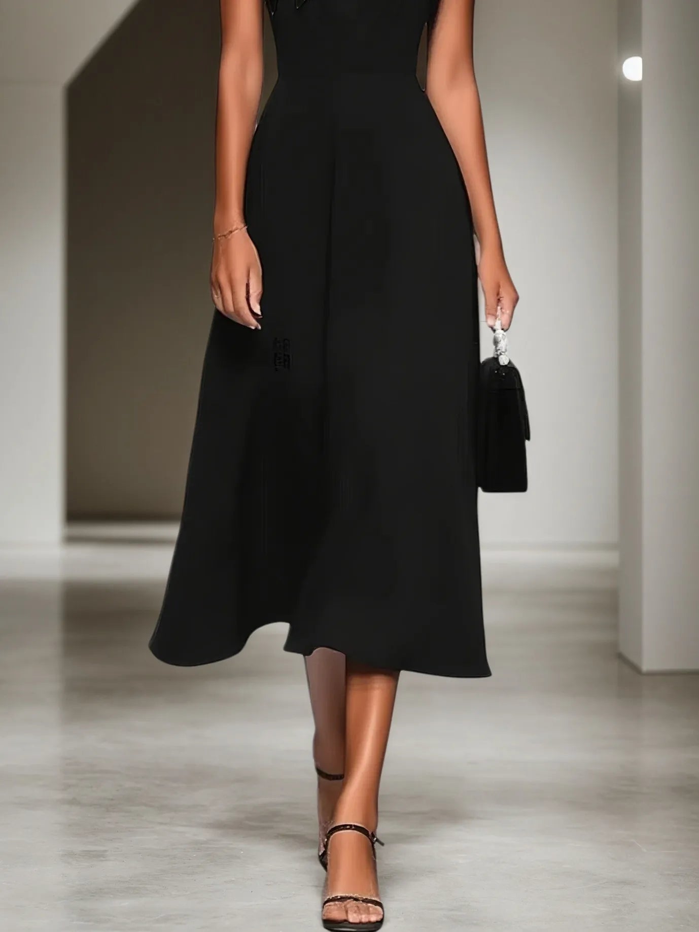 Black Bow Classic Square Neck Cap Sleeve A-Line Midi Dress