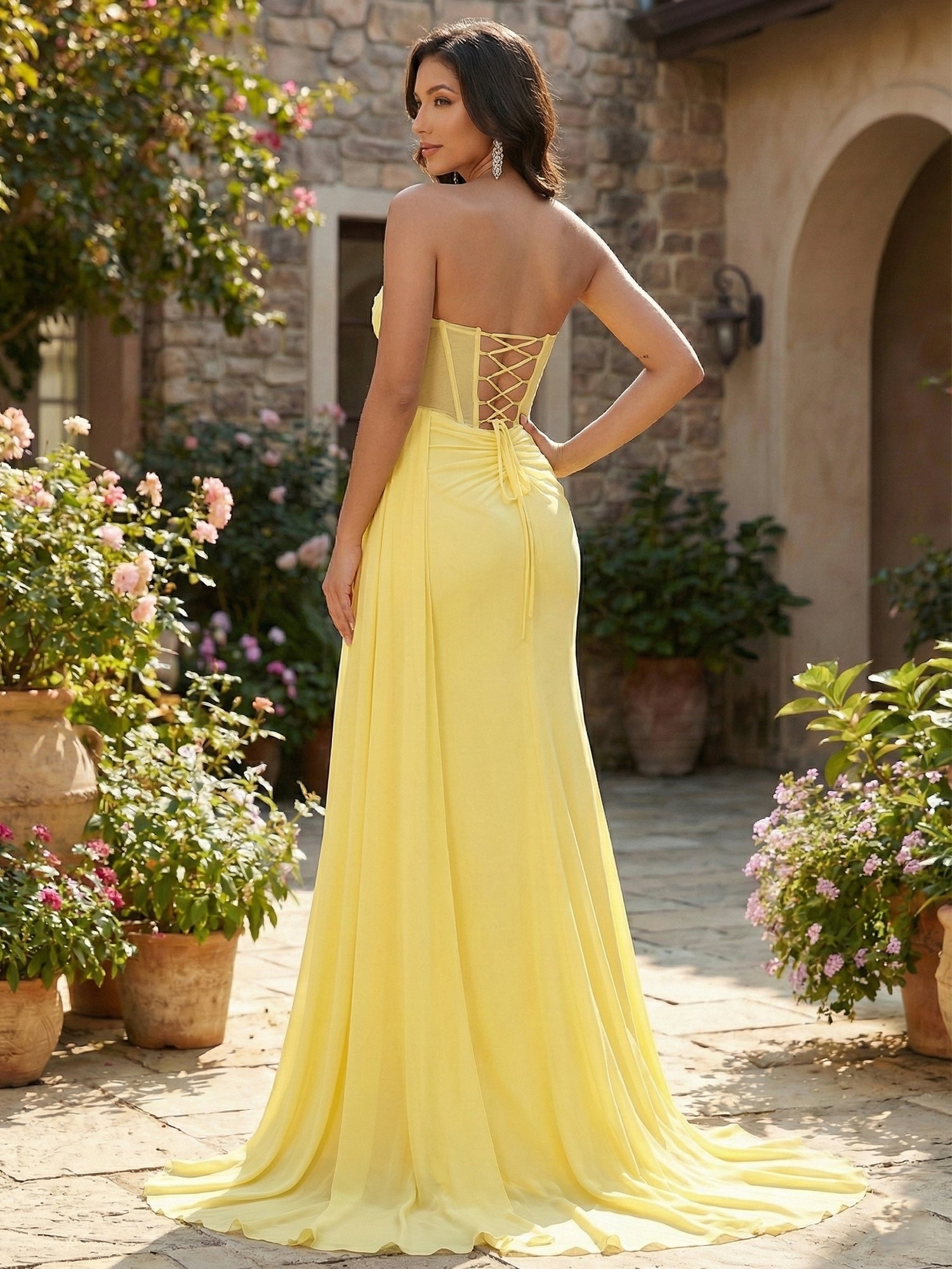 Sunlit Radiance Yellow Corset Chiffon Prom Gown with Slit