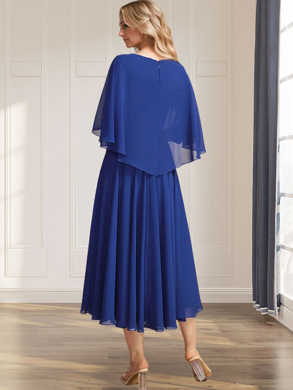 A-line V-Neck Tea-Length Chiffon Mother of the Bride Dress With Pleated Sequins Appliques Lace Beadind - View 3 | FashionDia