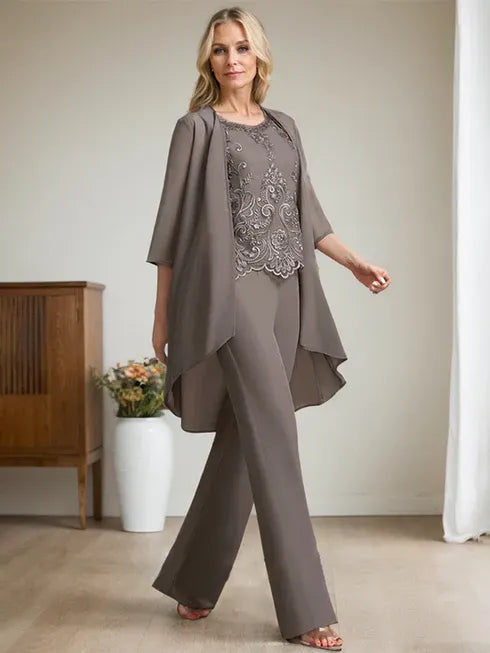 Separates Jumpsuit/Pantsuit Scoop Floor-Length Chiffon Lace Mother of the Bride Dress With Beading Sequins