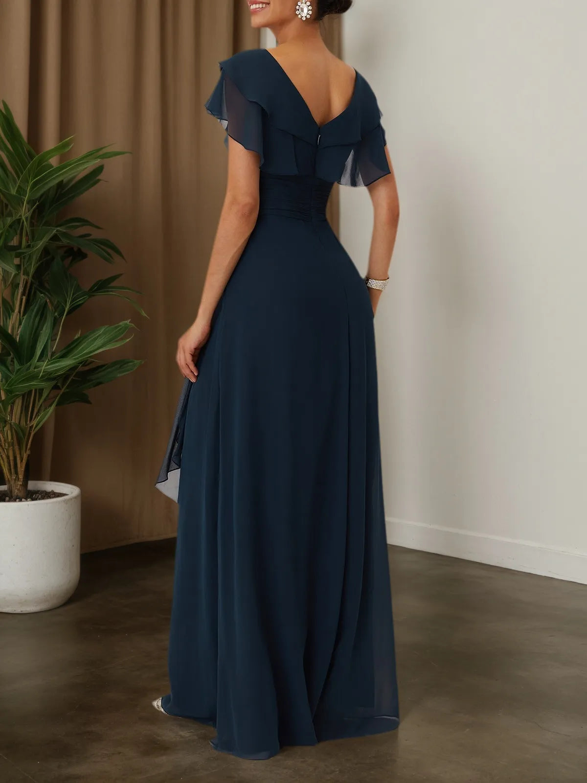 Purplish blue Ruffled Rhinestones Chiffon V-Neck Short Sleeve A-Line Maxi Mother of the Bride or Groom Dress - View 2 | FashionDia