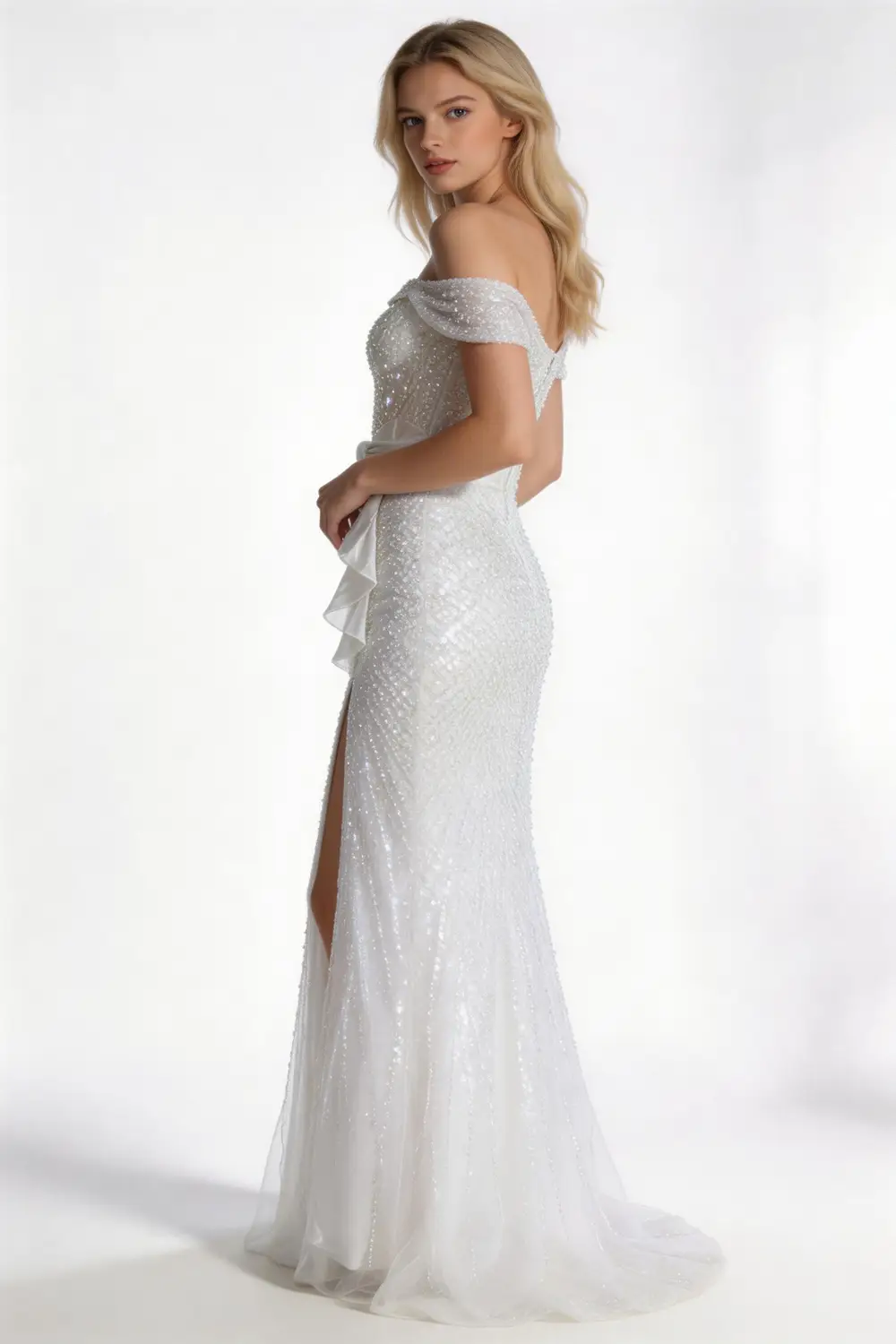 Off Shoulder Sequin Mermaid Evening Gown With High Slit And Ruffle (ZD17167)