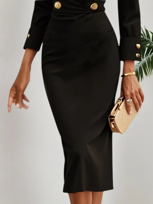 Black Buckle V Neck Long Sleeve Sheath Midi Blazer Dress