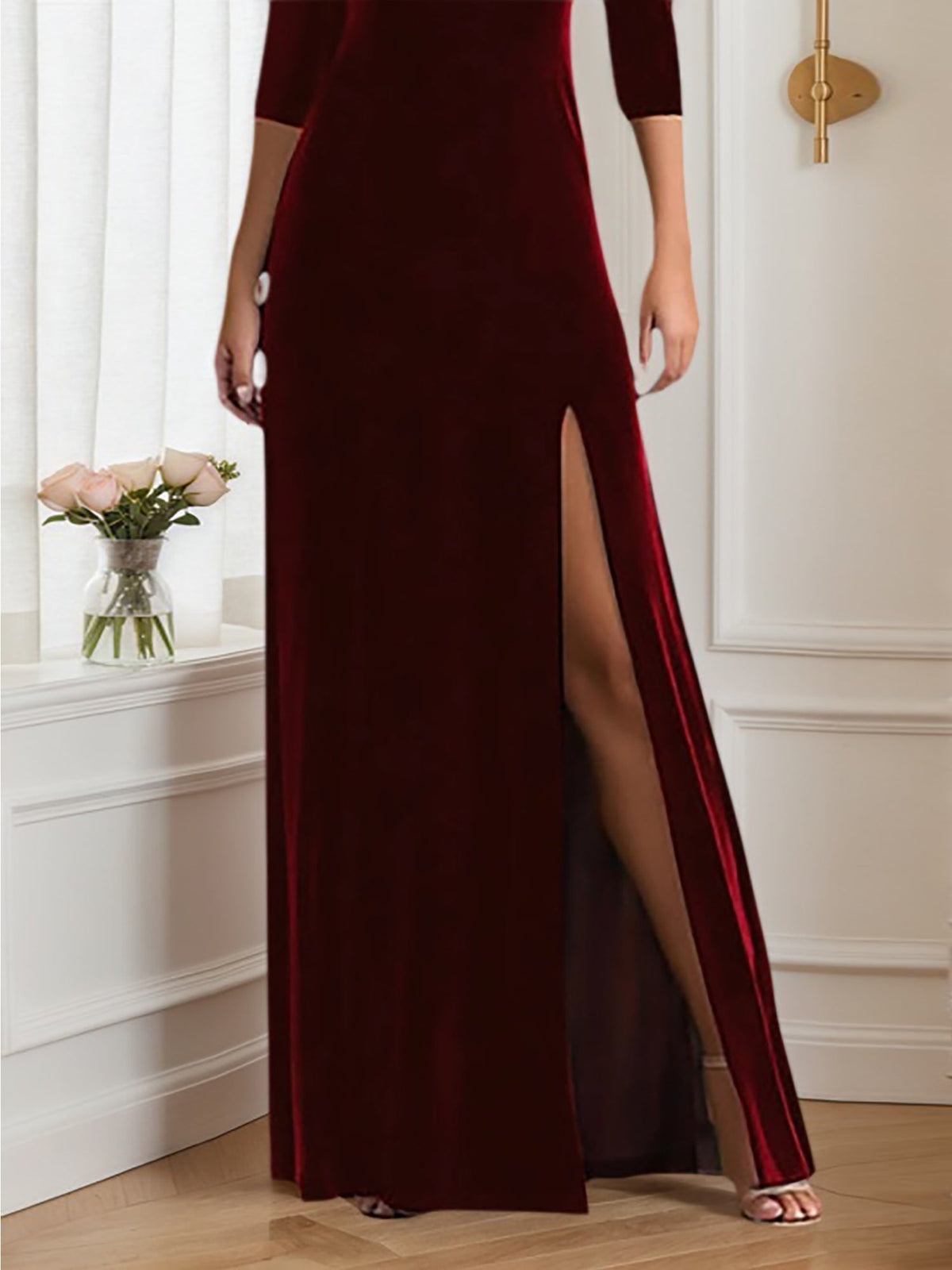 Formal Velvet Dress Burgundy Square Neck Maxi Mother of the Bride Dress - View 3 | FashionDia