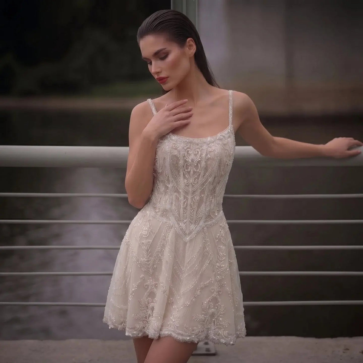 Luxury Ivory Beaded Lace Short Wedding Dress with Lace-Up Corset Back ZP059