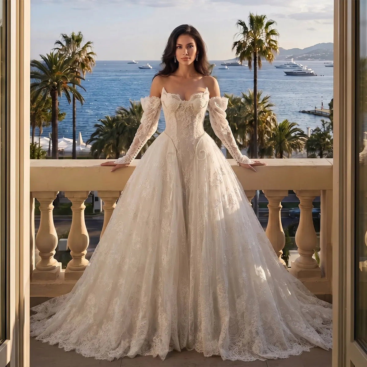 Off White Luxury Ball Gown Wedding Dress Beaded With Veil ZP035