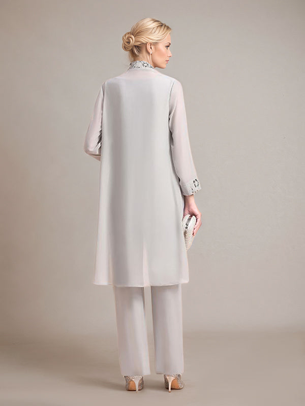 Elegant Sleeveless Appliques Silver Chiffon Mother of Bride Jumpsuit with Wrap