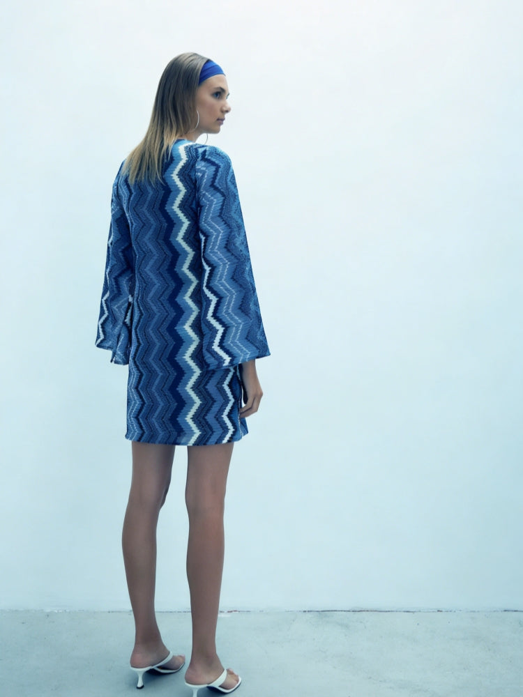 Blue Zigzag Knit Mini Dress