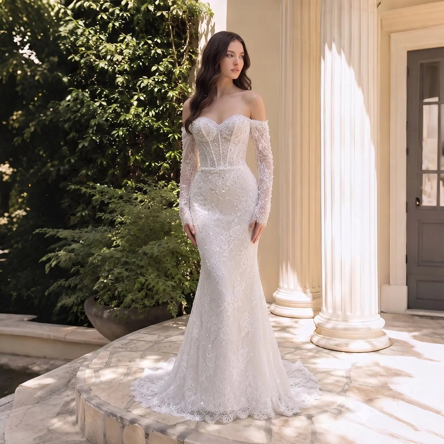 White Boho Romantic Lace Mermaid Wedding Dress Beaded Sequins With Lace Train ZP038