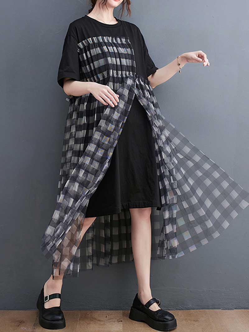 Plaid Round Neck Short Sleeves Smock Dress