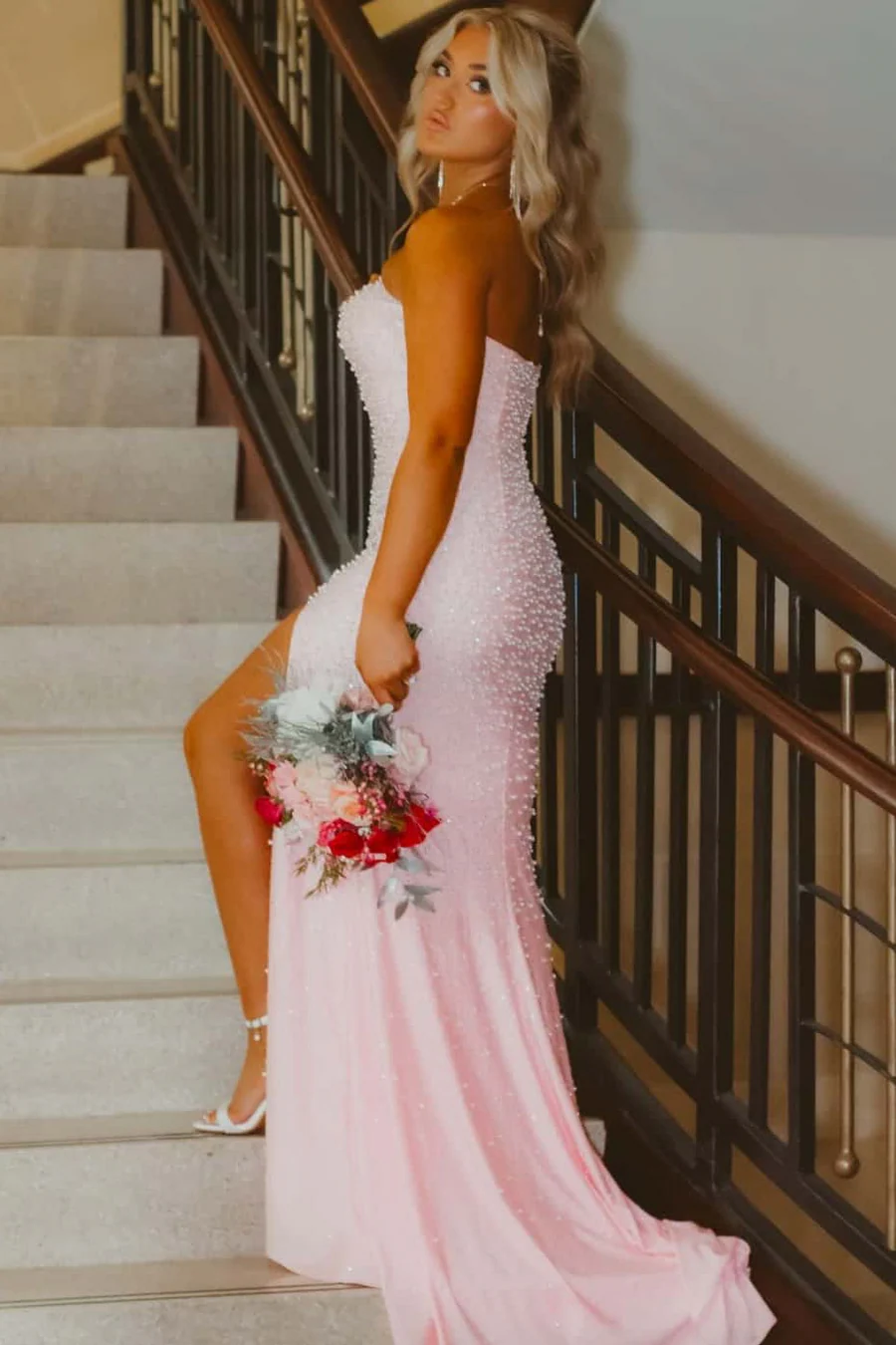 Pink Strapless Beaded Scoop Side Slit Mermaid Long Prom Dress - View 2 | FashionDia