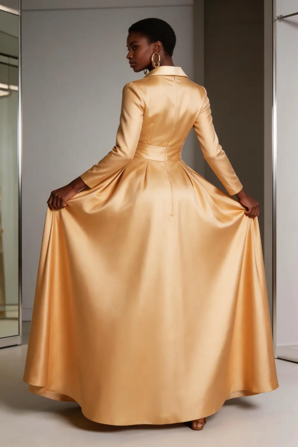 Champagne Satin Lapel Neck Wrap Waist A Line Maxi Formal Evening Gown (ZD17150)