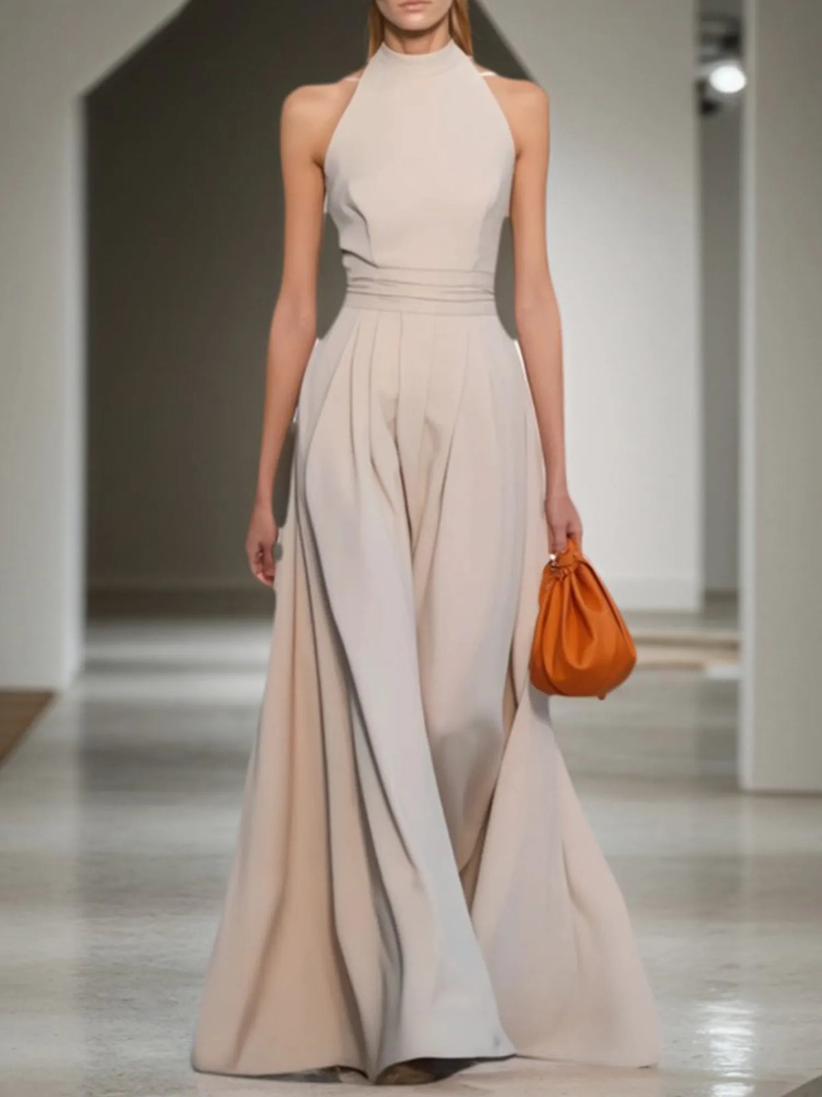 Evening Formal Halter Dress Apricot Maxi Dress - FashionDia