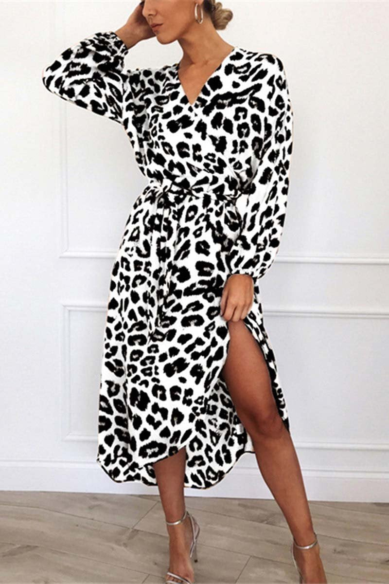 Minimalist Lucia V Neck Midi Dress with Leopard Print Waistband Elevated Occasion Wear