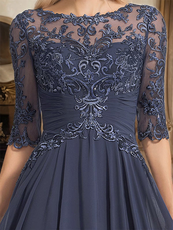 A-line Scoop Illusion Floor-Length Chiffon Lace Mother of the Bride Dress With Pleated Sequins