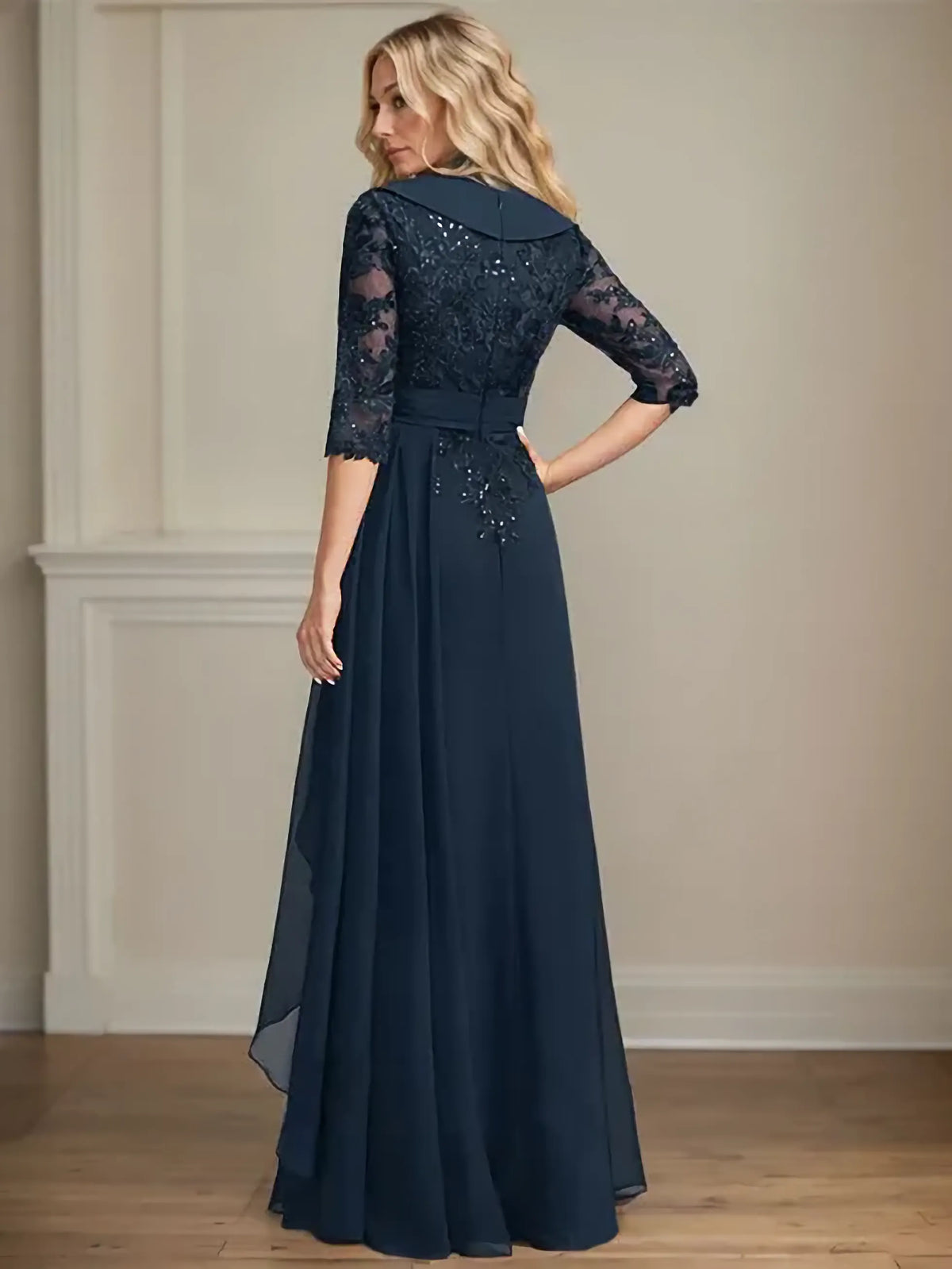 A-line Collared V-Neck Floor-Length Lace Chiffon Mother of the Bride Dress With Sequins Cascading Ruffles - View 3 | FashionDia