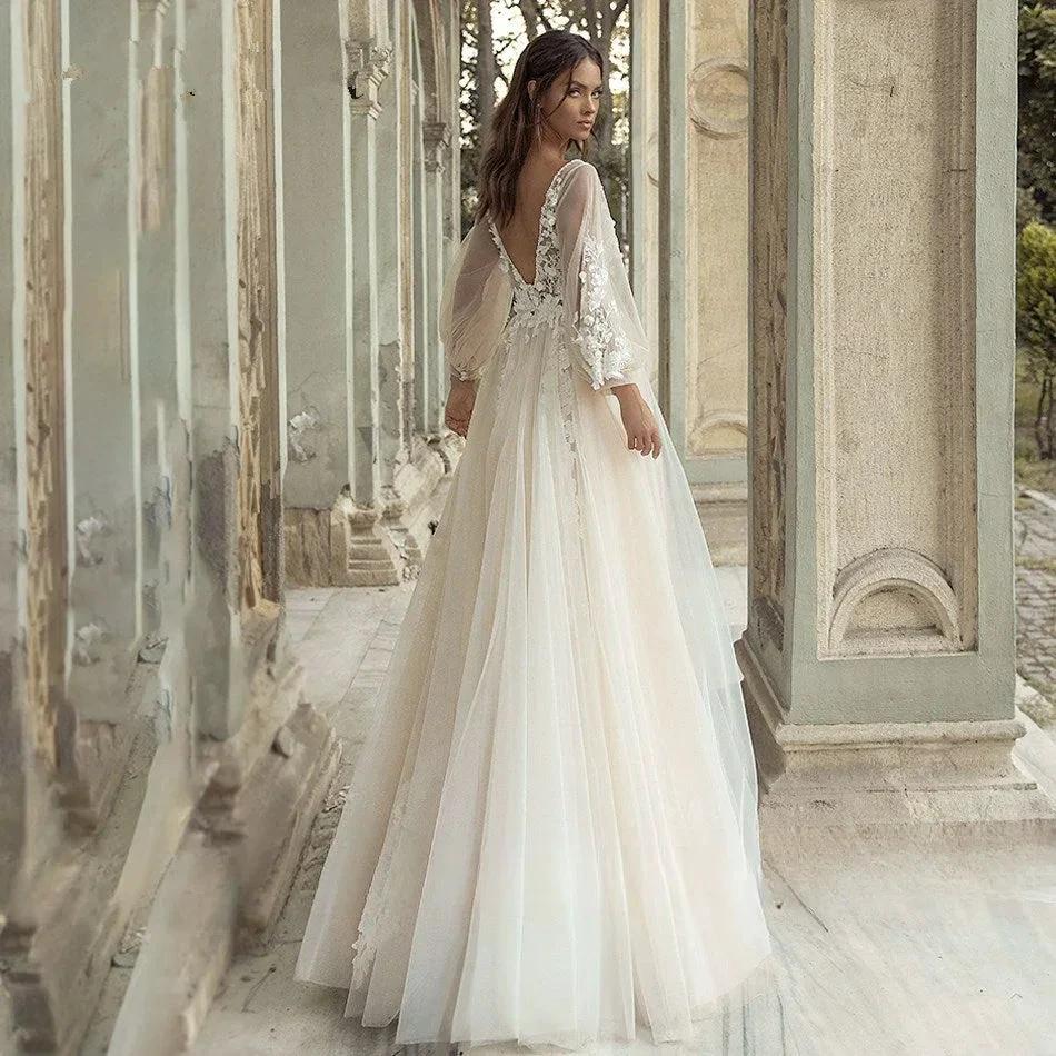 Elegant A-Line Wedding Dress Puff Sleeve Romantic Bridal Backless Beaded Appliques V-Neck Bride Dresses Vestido Noiva (ZD14129)