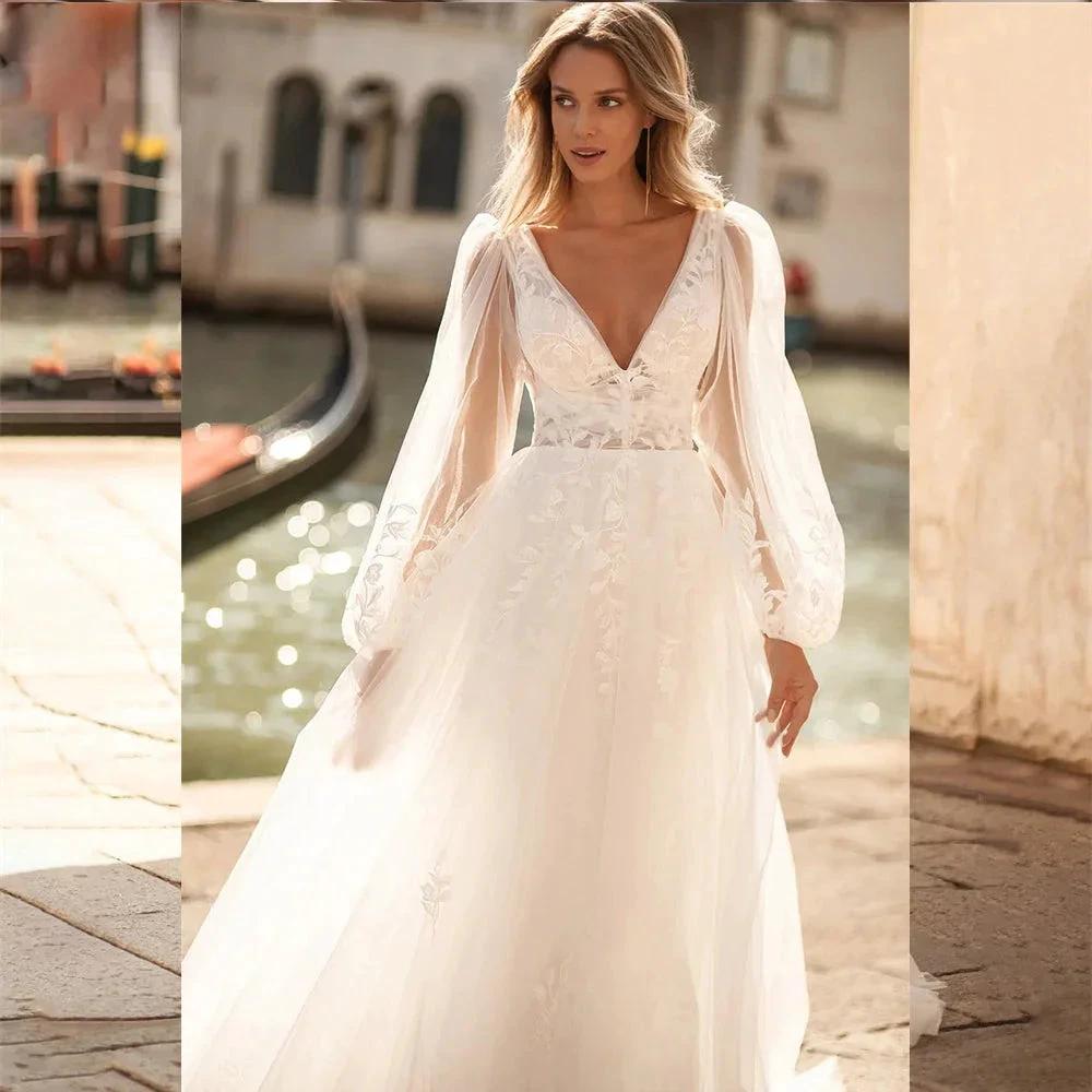 Sexy V Neck Lace Wedding Dresses 2024 Simple Long Puff Sleeves Bride Gowns Appliques Backless Custom Made (ZD13509)