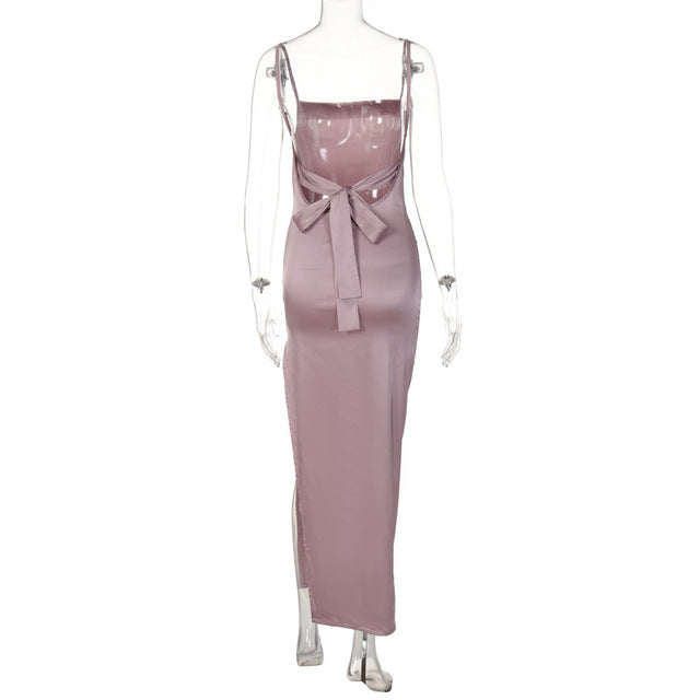 TARUXY Bandage Backless Dress Women Slim Sleeveless Lace Up Bow Solid Sundress Femme Party Elegant Side Slit Evening Dress Woman - View 6 | VelvetHem