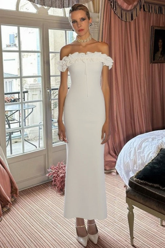 Ruffle Trim Bardot Party Dress - View 5 | VelvetHem