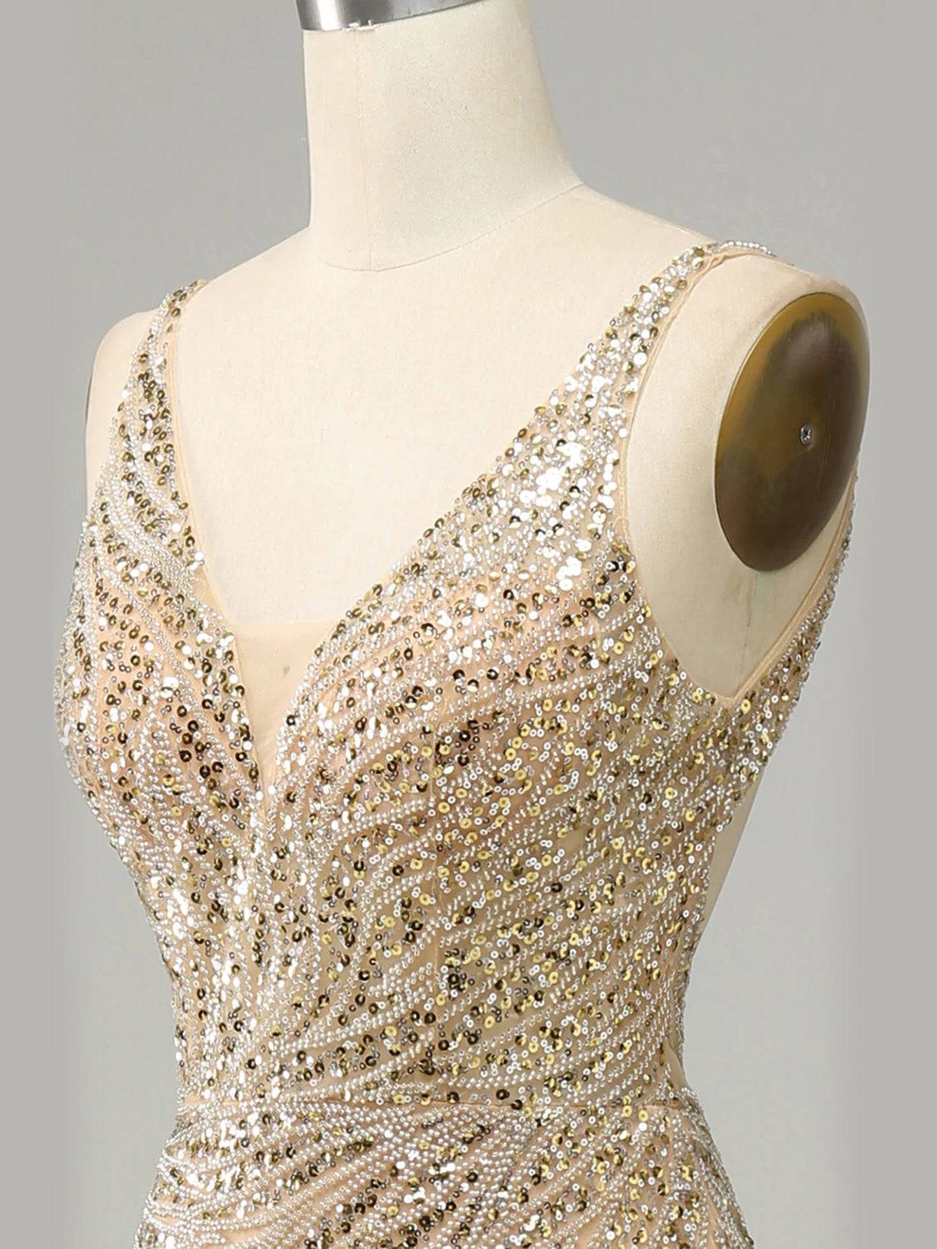 Golden Deep V Neck Stripes Backless Sleeveless Long Prom Dress - Fashionpara