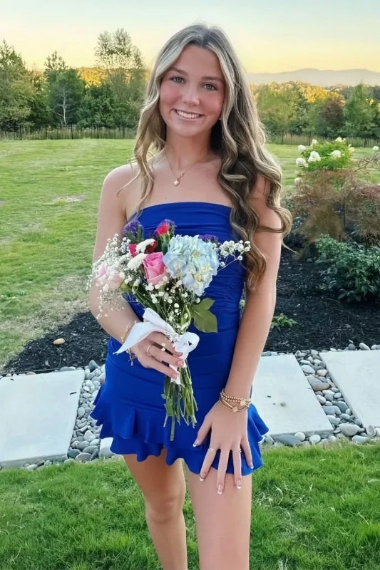 Chic Sheath Strapless Royal Blue Short Homecoming Dress With Ruffles
