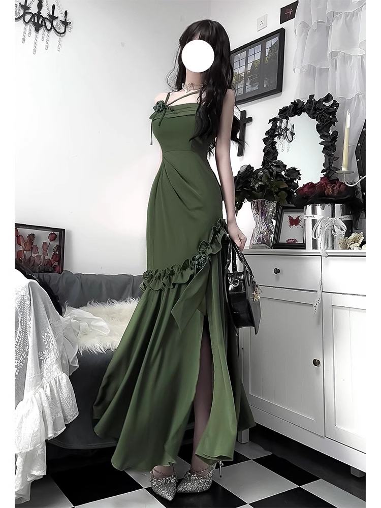 Chic Mermaid Straps Green Long Ruffles Prom Dresses Birthday Dress - View 2 | FashionDia