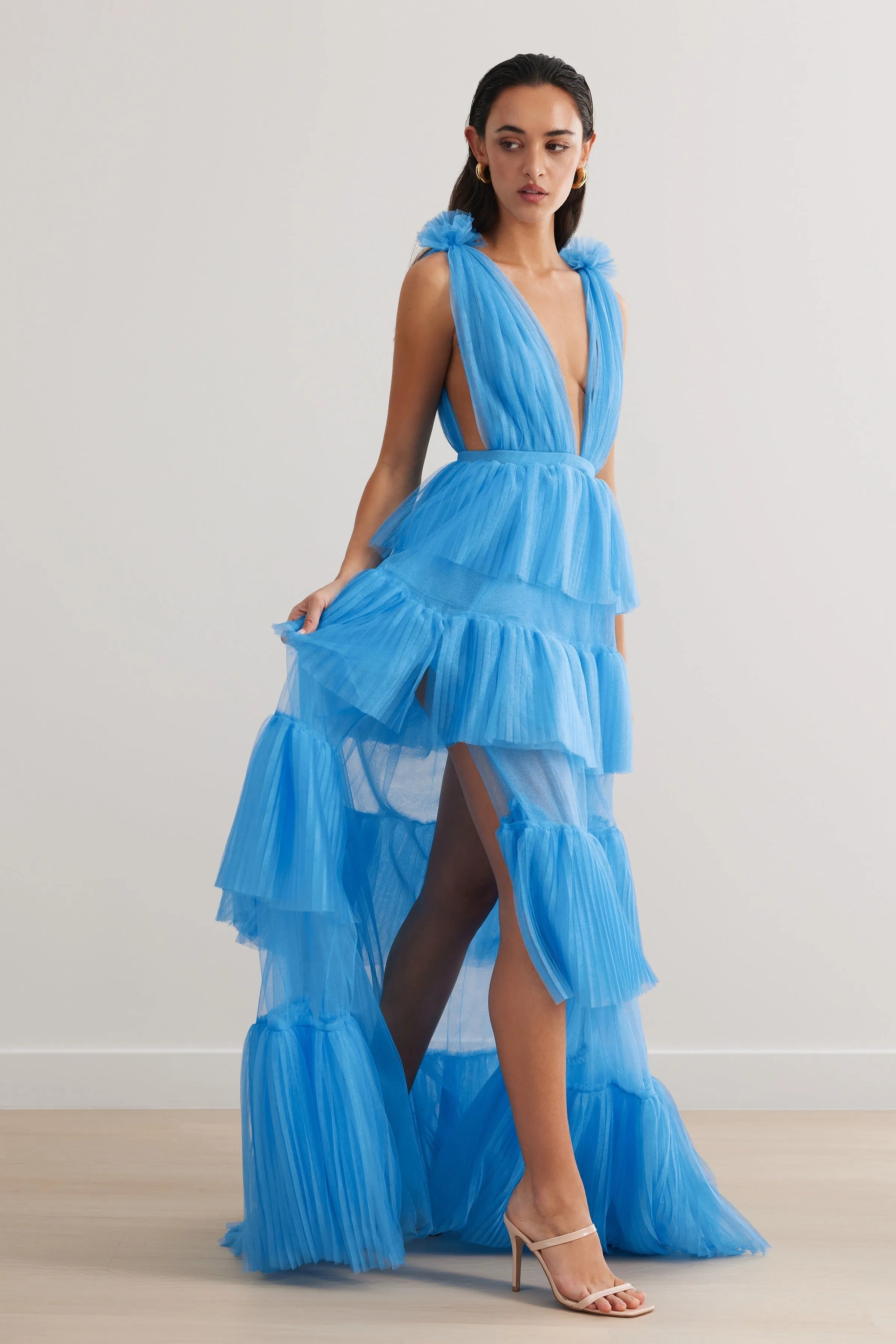 Blue Prom Dresses V Neck Special Occasion Dress Tiered Tulle Backless Side Split Wedding Party Gown Graduation Dress