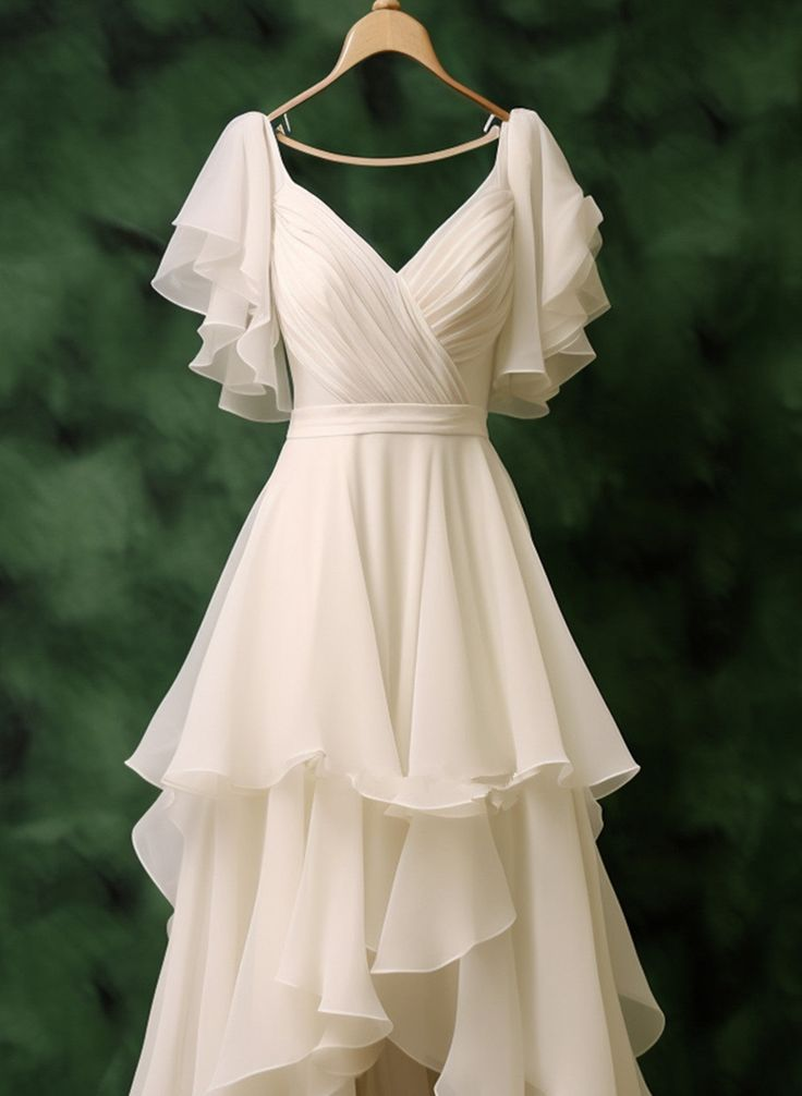 White Chiffon High-Low Short Sleeves Party Dress Ruffle Bridal Gown