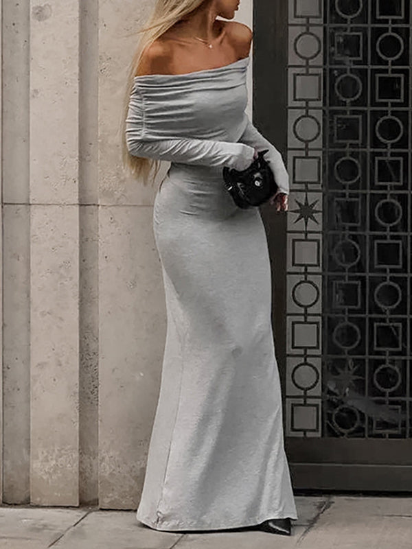 Long Sleeves Skinny Pleated Solid Color Split-Joint Off-The-Shoulder Evening Dresses Maxi Dresses - View 11 | VelvetHem