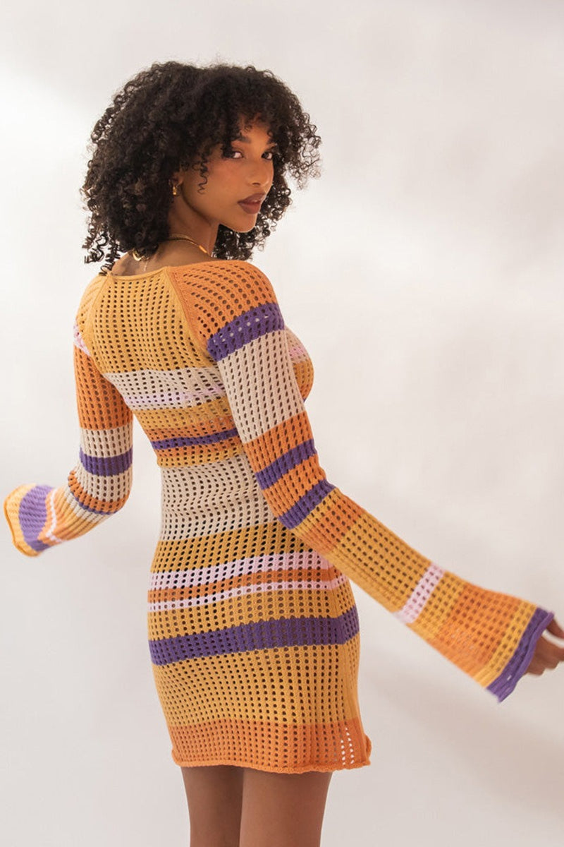 Striped Knit Cut Out Mini Bodycon Sweater Dress - View 3 | VelvetHem