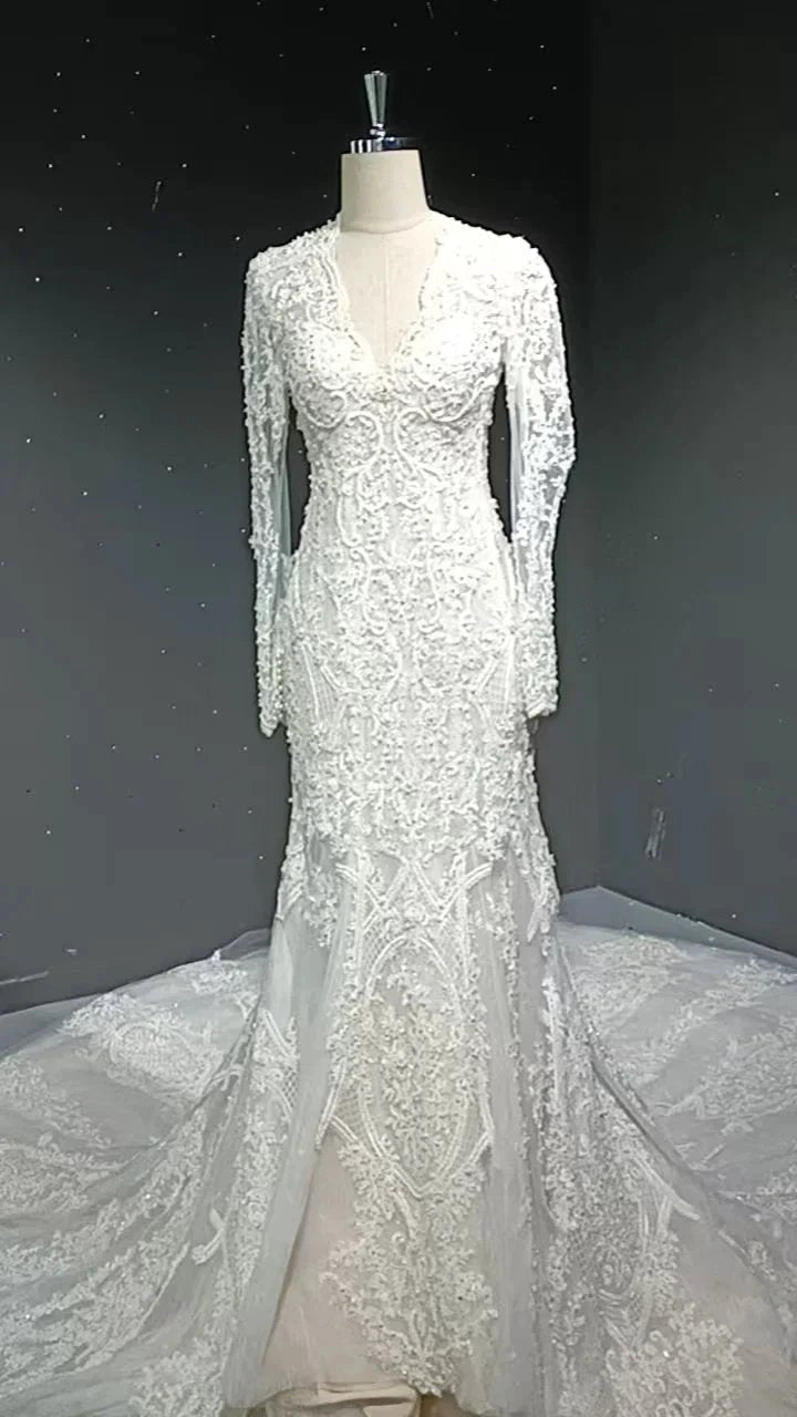 V-neck long sleeved luxurious nail bead trailing bridal veil (ZD16770) - VelvetHem