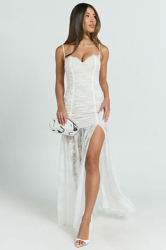 Sheer Ruched Split Cami Maxi Lace Dress - View 9 | VelvetHem