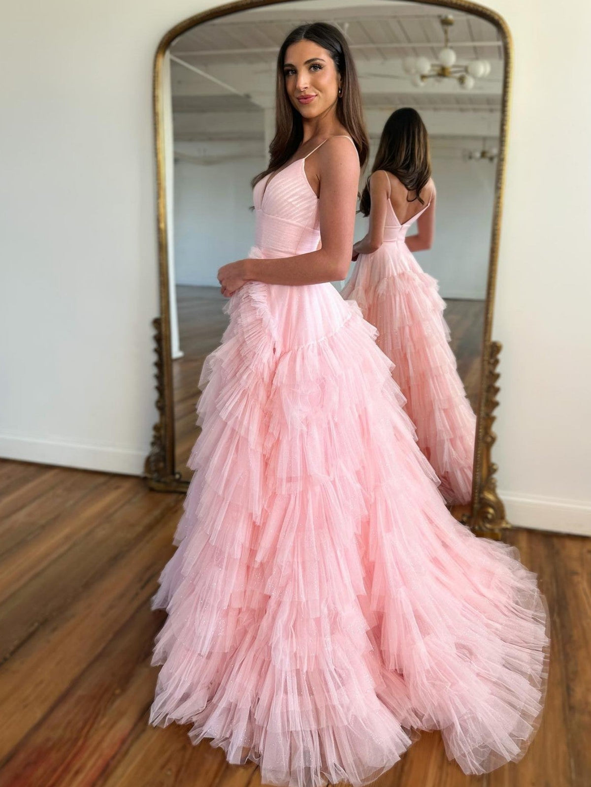 Light Pink A-Line Tiered Spaghetti Straps Tulle Prom Dress - View 3 | VelvetHem