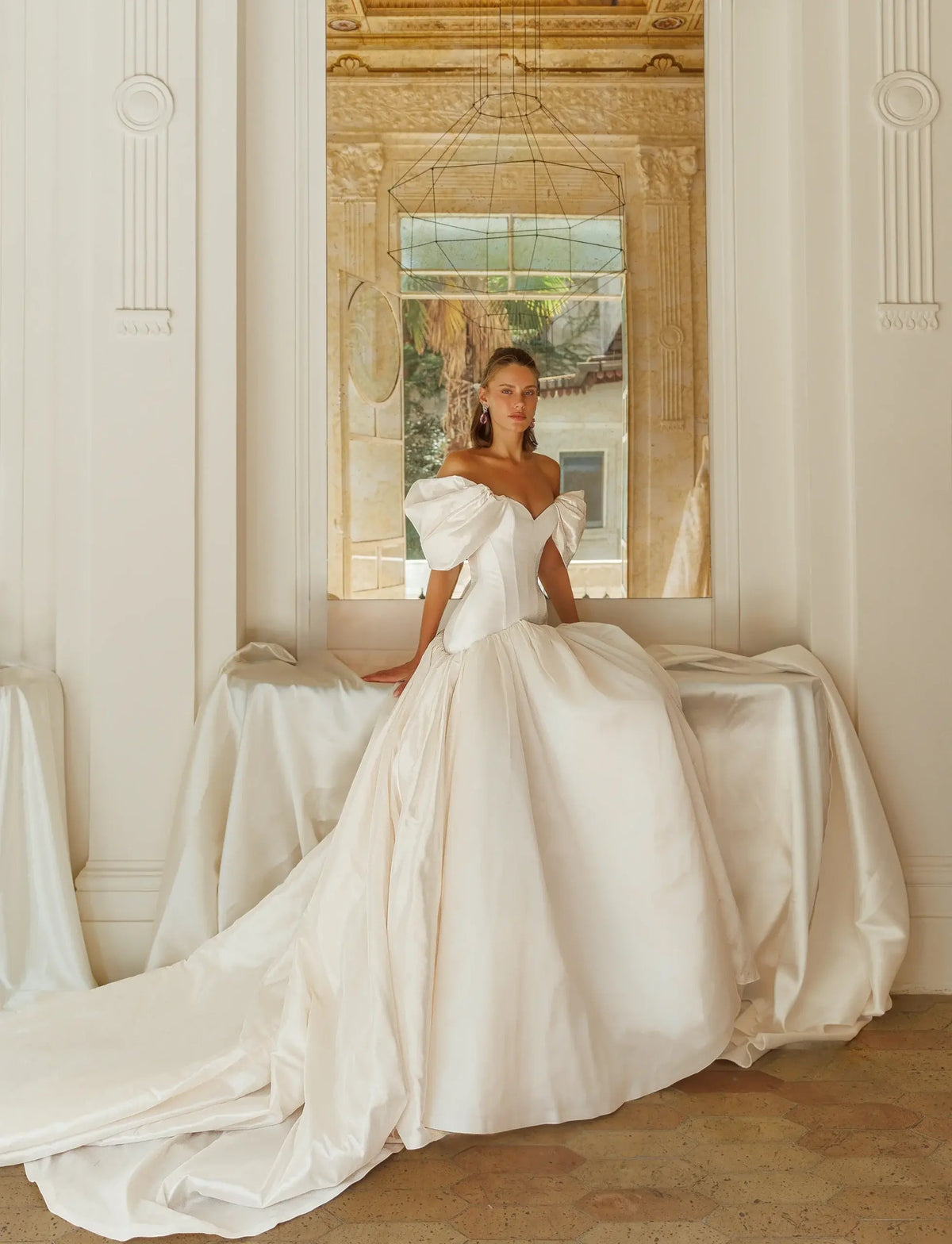 Romantic White Satin Off-the-Shoulder Puff Sleeve Ball Gown Wedding Dress ZP113 - View 4 | VelvetHem