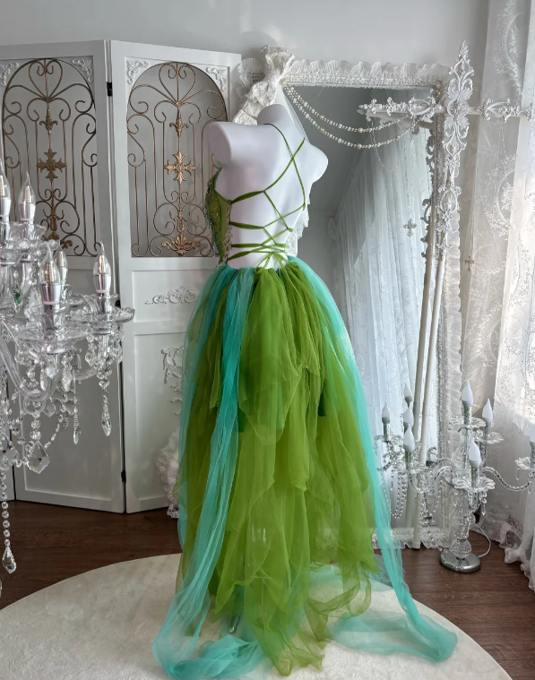 A-Line Green Tulle Prom Party Dress Evening Dress Birthday Dress - View 2 | FashionDia