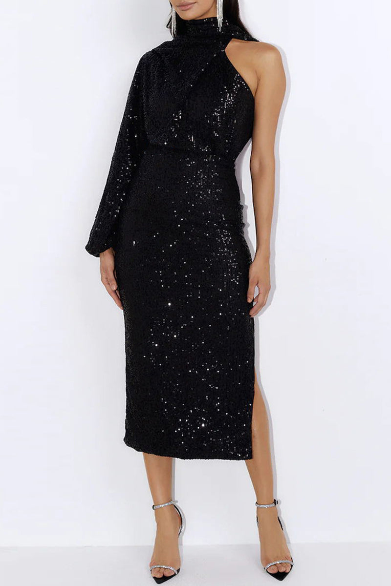 Elegant Formal Solid Sequins Slit Halter Evening Dress Dresses - View 14 | VelvetHem