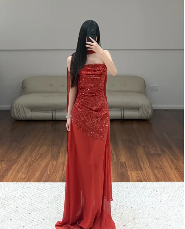 Red Sequin Prom Party Dress Evening Dress Birthday Dress