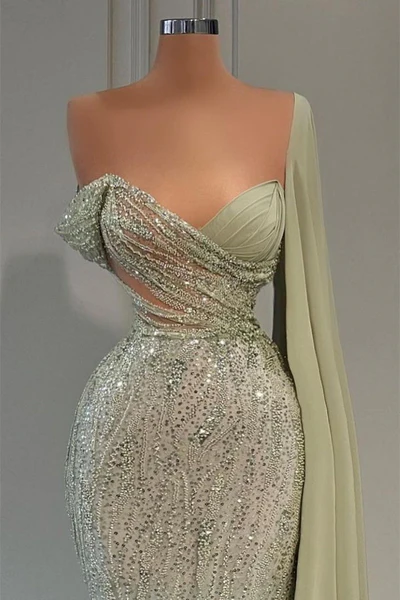 Luxurious Sweetheart Strapless One Shoulder Sequined Floor-length Mermaid Prom Dress Evening Dress