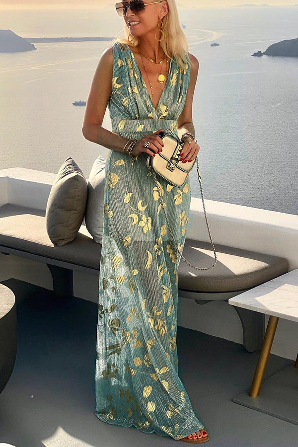 Jovita Aesthetic Long Dress with V Neck and Gold Sequins Chic Silhouette Collection