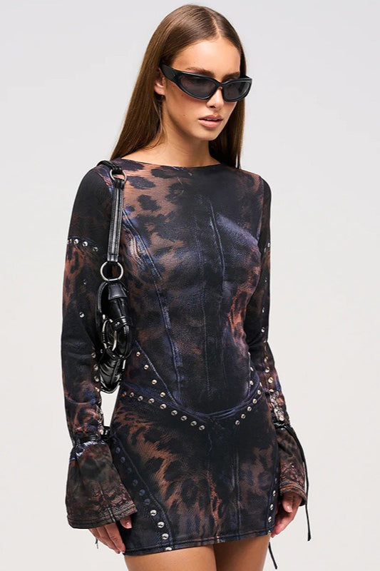 Fitted Crew Neck Printed LongSleeve Bodycon Dress